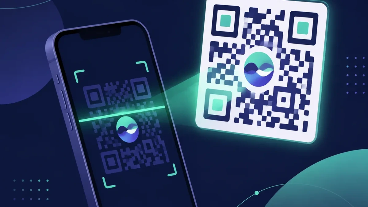 สมาร์ตโฟนกำลังสแกน QR Code ที่มีโลโก้อยู่ตรงกลาง