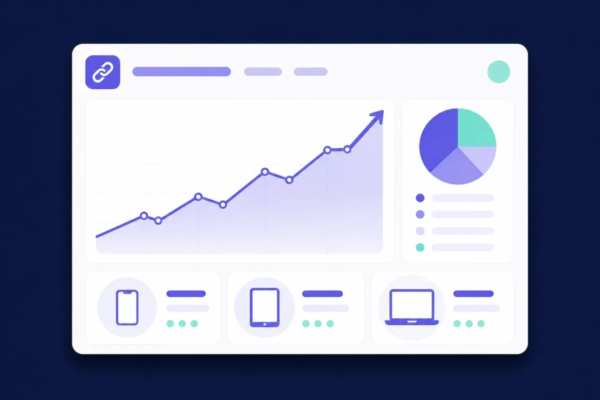 A link analytics dashboard with a daily click chart, traffic source breakdown and device icons