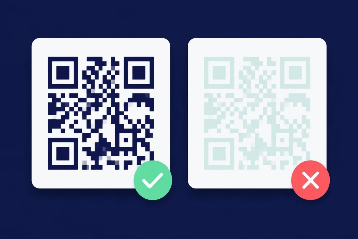 A high-contrast QR code that scans next to a pale QR code that does not